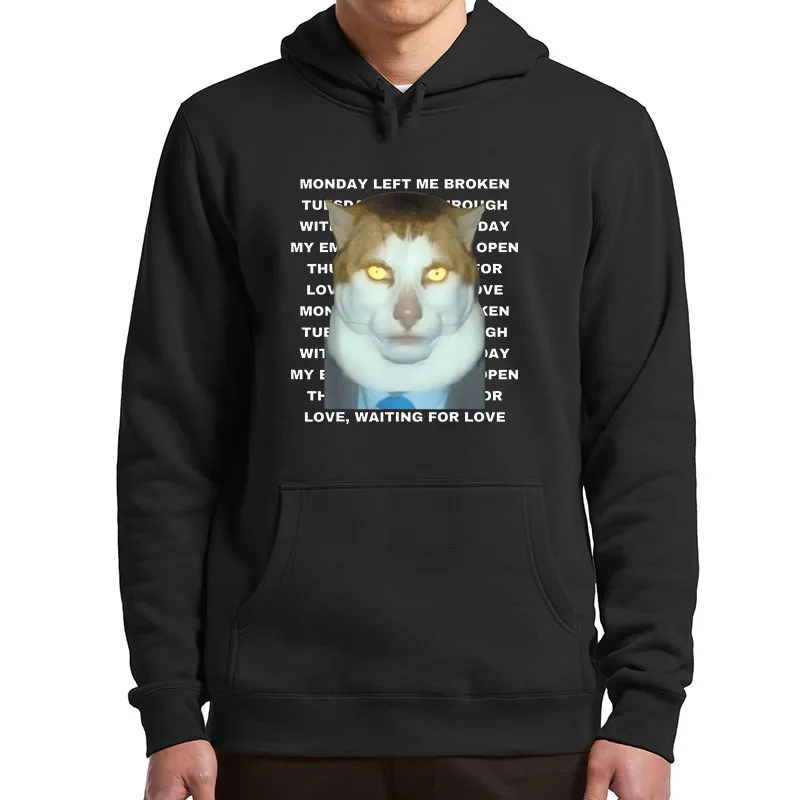

Monday Left Me Broken Cat Hoodies Funny Cats Meme Graphic Hooded Sweatshirt Unisex Soft Casual Y2k Pullovers