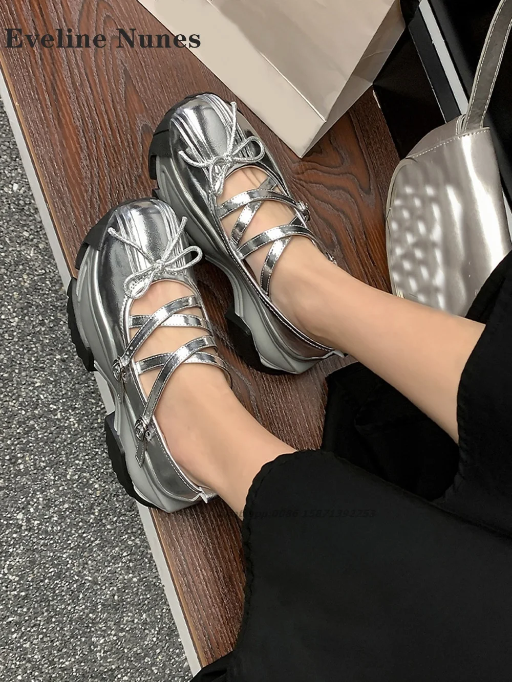 

Bow Cross Tied Platform Pumps Round Toe Tank Soled Buckle Strap Patchwork Mary Janes Shallow Solid Cool Shoes 2024 Trend Summer