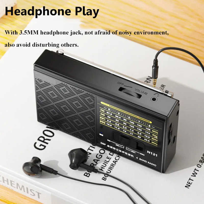 Mini Portable Full Band Radio Rechargeable FM AM SW1-2 Radios Built-in Speaker with Stretchable Antenna 3.5mm Headphones Jack