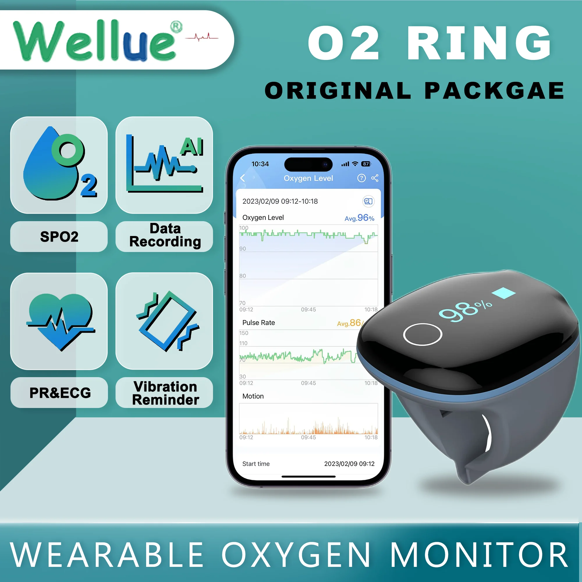 Wellue O2Ring Moniteur d'oxymètre de pouls Oxymètre à anneau rechargeable  pour la fréquence cardiaque de saturation en oxygène du sang avec rappel de  vibration TQpEeOC0E