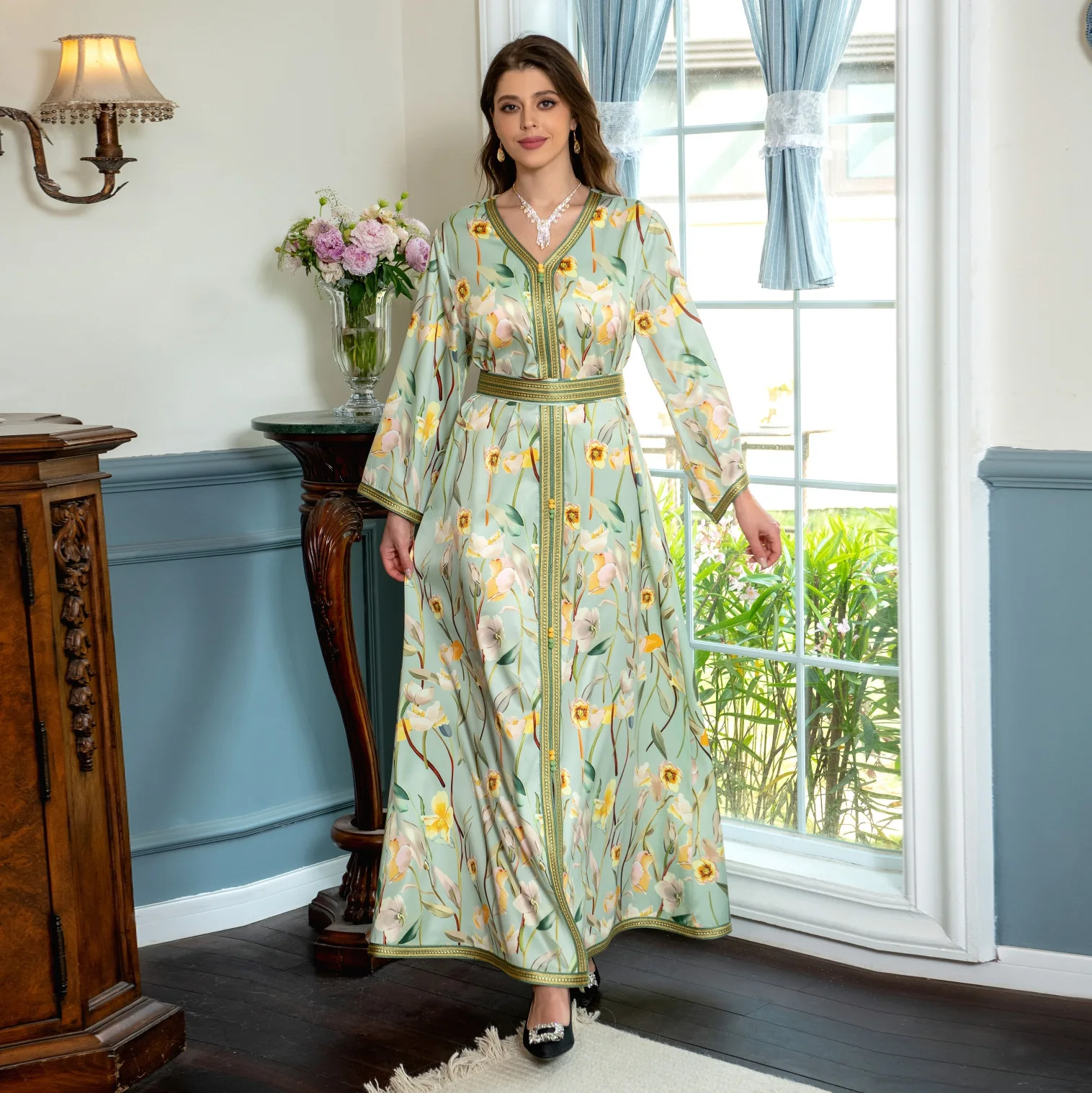 

Elegant Floral Printed Belted Dress Split Hem Woven Belt Spliced Abaya V-neck Kaftan Ramadan Muslim Women Djellaba Femme Robe