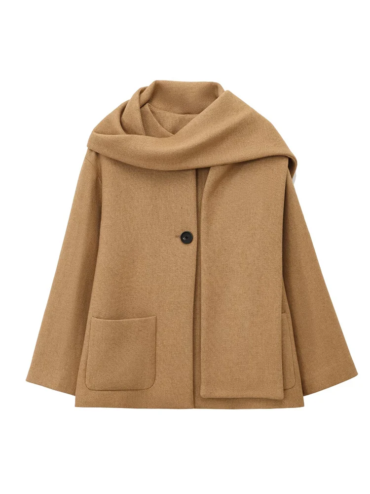 2025 New Scarf Collar Coat For Women Loose Elegant Ladies Autumn Winter Commuting Jacket Fashion Ladies Leisure Pocket Coats