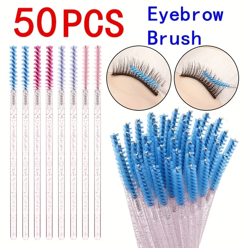 50 disposable crystal rod straight head eyelash brush, solid eyelash curler, spiral makeup tool, small brush, eyebrow comb