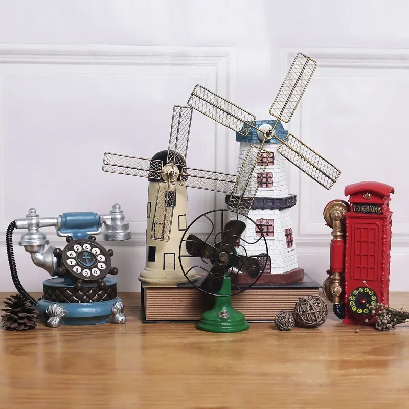 

Vintage Telephone Figurines Windmill Camera Fan Telephone Booth Retro Antique Classical Figurine Cabinet Desk Home Decoration