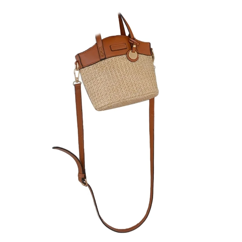 

Woven Straw Beach Bucket Purse Handbag Colorblock PU Spliced Small Shoulder Crossbody Bag with Top Handle for Women