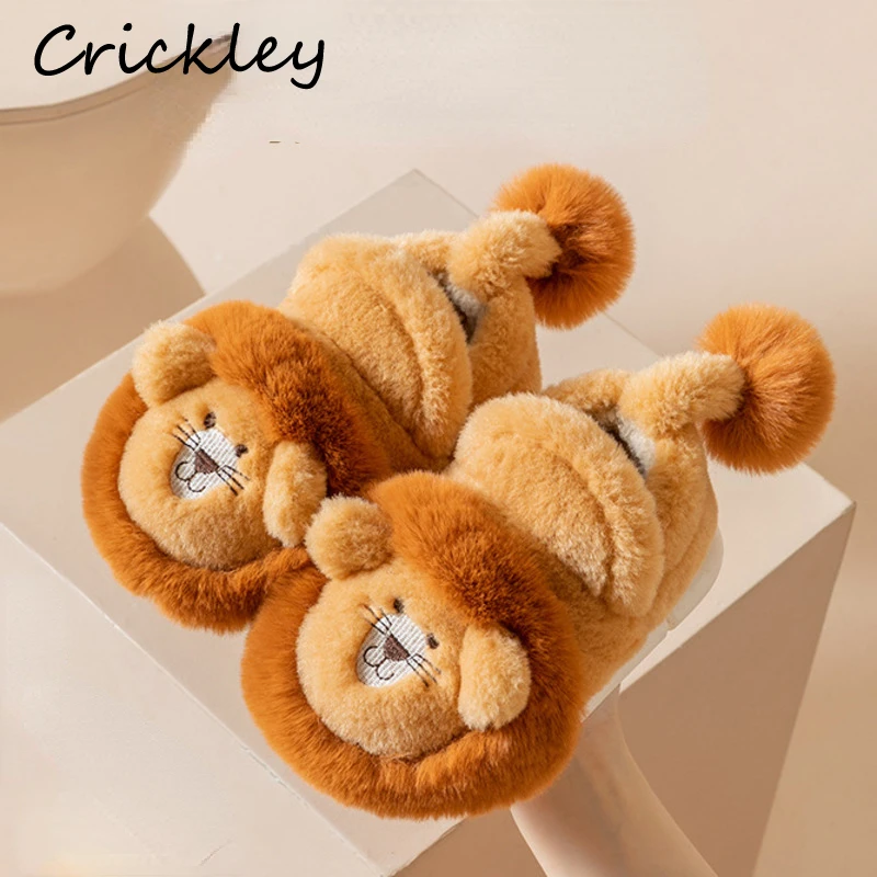 Cartoon Lion Children's Winter Shoes Cute 3D Animals Floor Slippers For Kids Flats Warm Plush Design Child Girls Boys Slippers 2