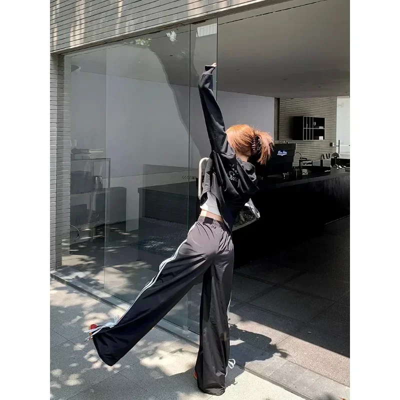 QWEEK Black Stripe Sport Sweatpants Women Autumn Oversized Baggy Harajuku Fashion Casual Joggers Pants Streetwear Korean Style