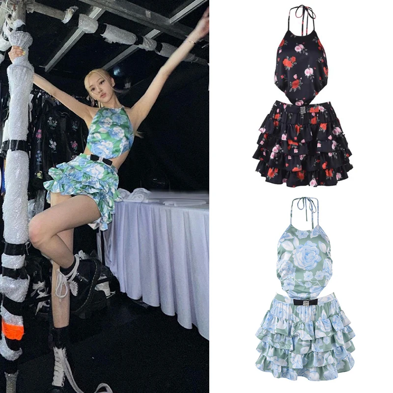 Jazz Dance Clothing For Women Hanging Neck Floral Dress Nightclub Female Singer Gogo Dancer Stage Performance Costumes DWY9098