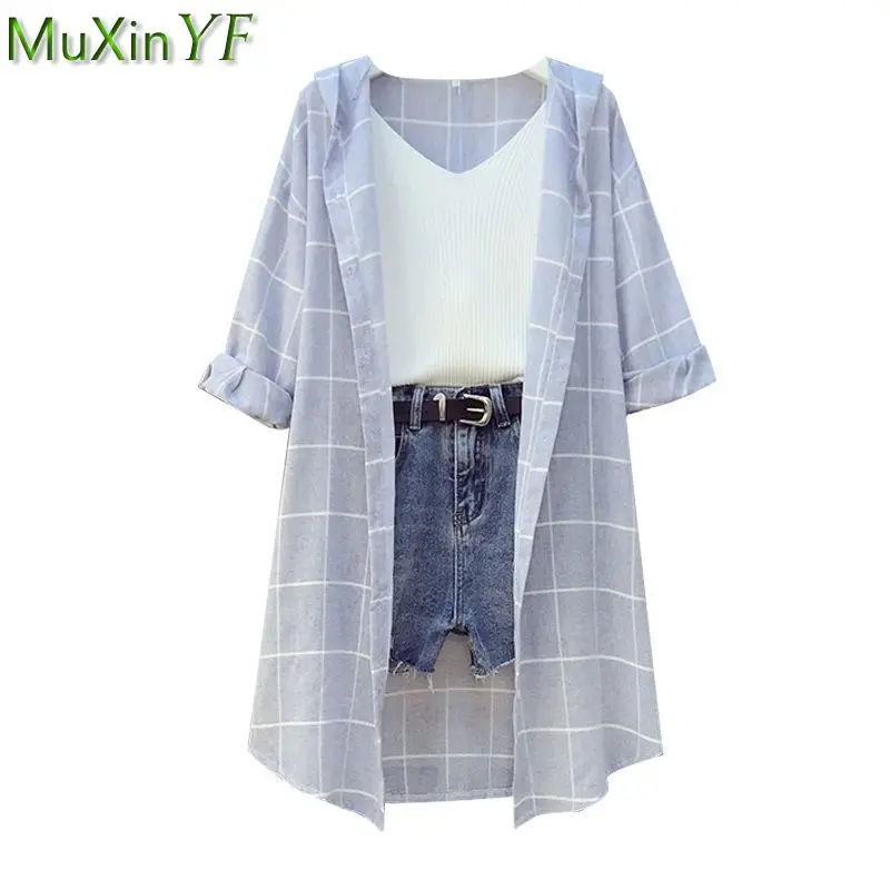 

(M-4Xl) Women's Summer Clothing 2023 Korean Casual 3 Pcs Set Loose Long Plaid Shirt+White Vest+Short Denim Pants Outfits Jeans