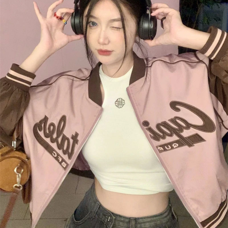 

American New Street Spice Girls Baseball Uniform Y2K Autumn Trend Letters Contrast Zipper Loose Retro Long-Sleeved Jacket Coats