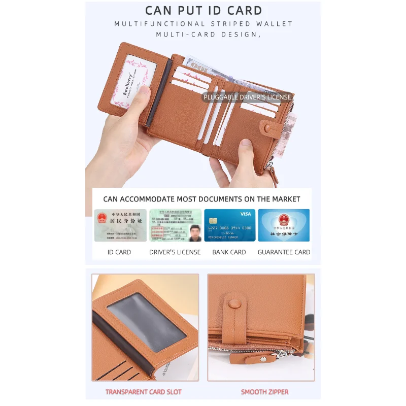 New Short Wallet Women's Tri-Fold Wallet Multi-Card Bags Leather Wallets Money Bag Credit Card Holders Zipper Buckle Coin Purses