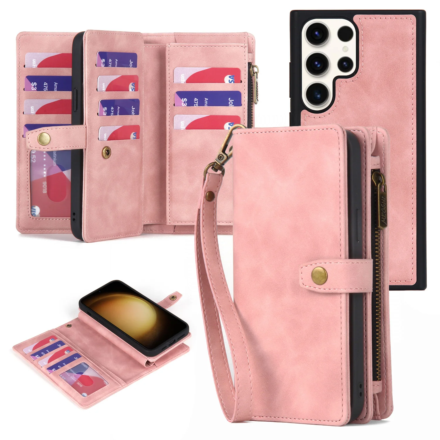 Capa de Couro Magnética para Samsung Galaxy S20 S21 fe S22 S23 S24 Ultra Plus Carteira com Zíper Porta-cartões Capa de Bolso Destacável