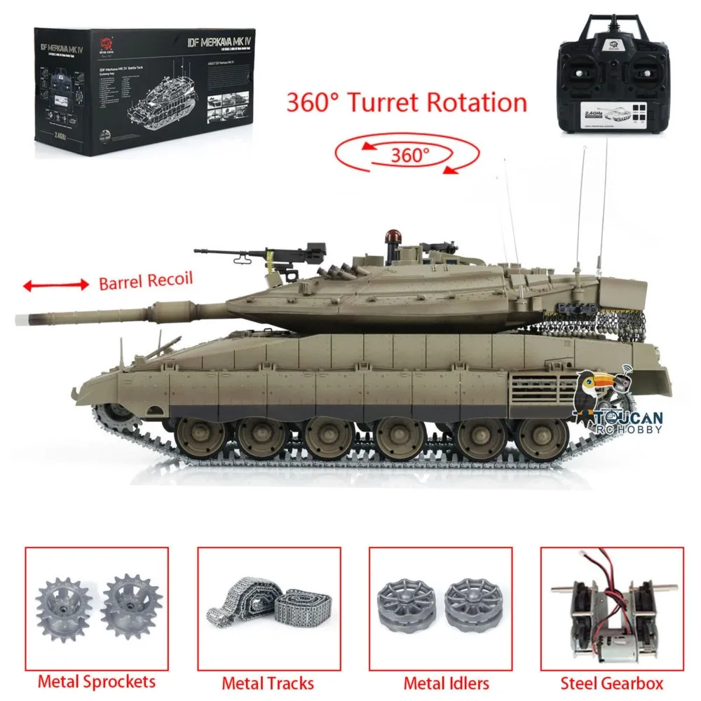 RC 탱크 1/16 헨롱 업그레이드 버전 IDF 메르카바 MK IV 3958 360 °   포탑 회전 배럴 반동 금속 트랙 모델 TH22647