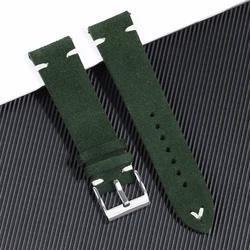 Vintage - Style Suede Leather Watch Strap with Handmade Stitching - Black Buckle (Green - White)