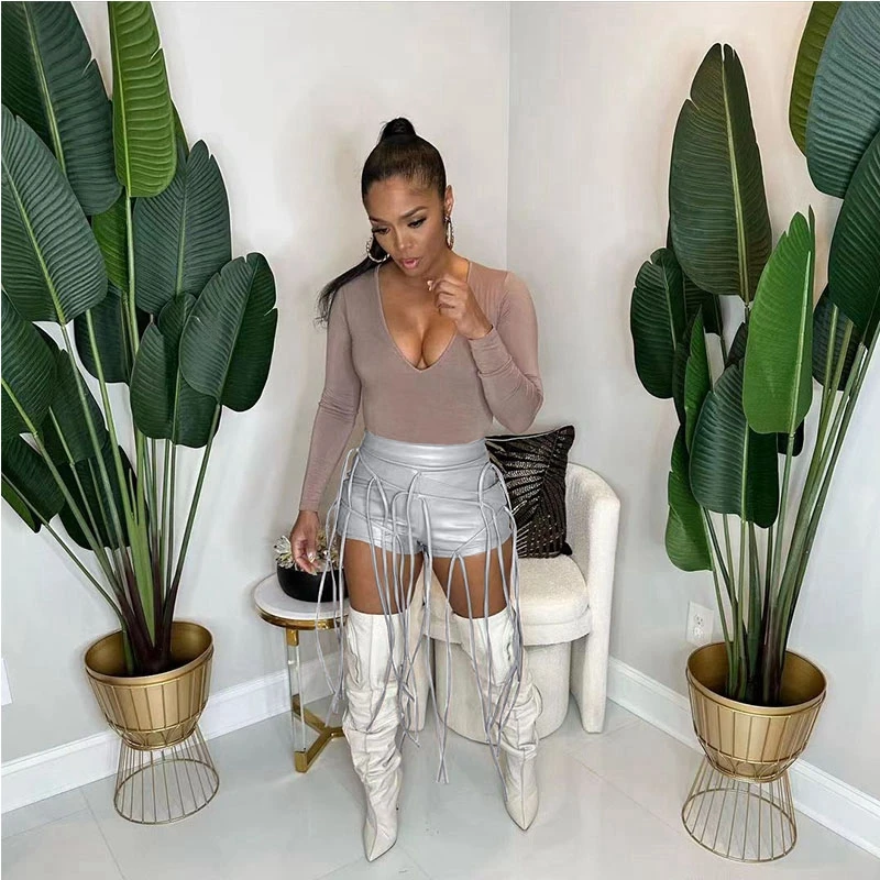 Faux Pu Leather Tassel Shorts Women 2023 Summer High Waist Pockets Zipper Sexy Skinny Booty Pants Y2K Club Outfits Femme Robe