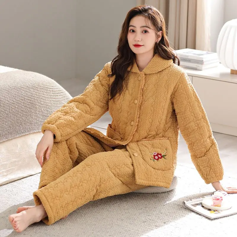 2024 Coral Velvet Three-layer Sandwich Cotton Pajamas Women's Winter Thickened Loungewear Warm Double-sided Velvet Homewear Set