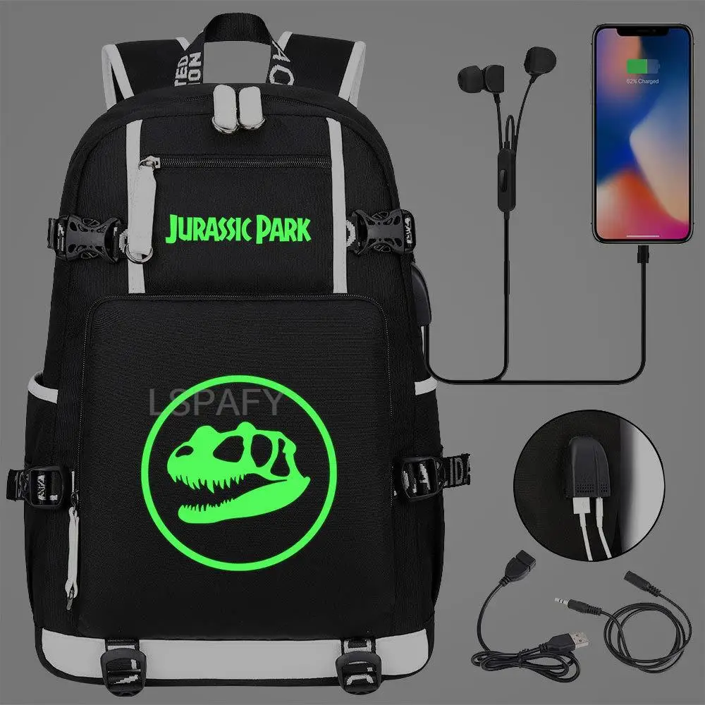 Luminous Cartoon Jurassic Park Dinosaur USB Children School bag Teenagers Student Schoolbags Women Men Backpack