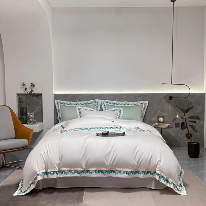 White Green Embroidery Geometric Diamond Boho Duvet Cover Set Soft