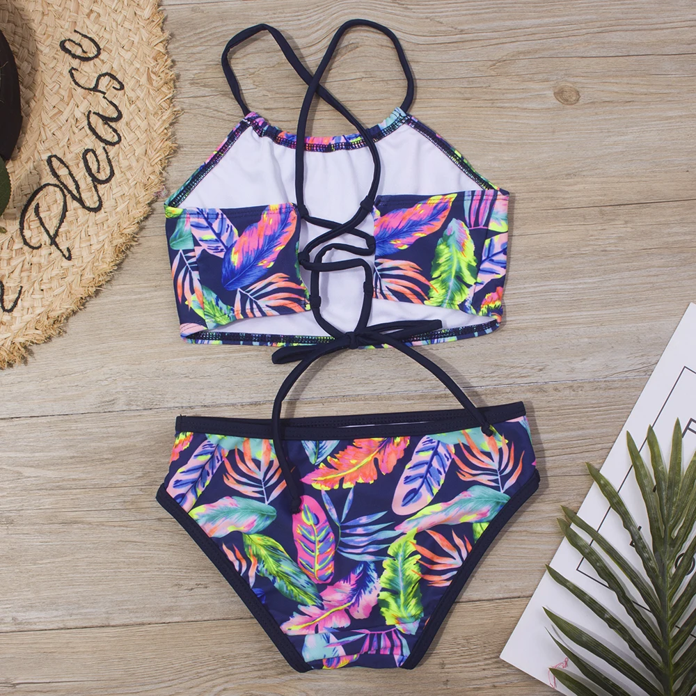 7-14 Years Girls Swimsuit Print Bandage Summer Beach Bikini Set