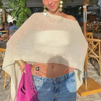 Combhasaki Women Knitwear Bikini Cover-up See-through Solid Off Shoulder Irregular Triangle Hem Loose Pullover Summer Beach Tops 1
