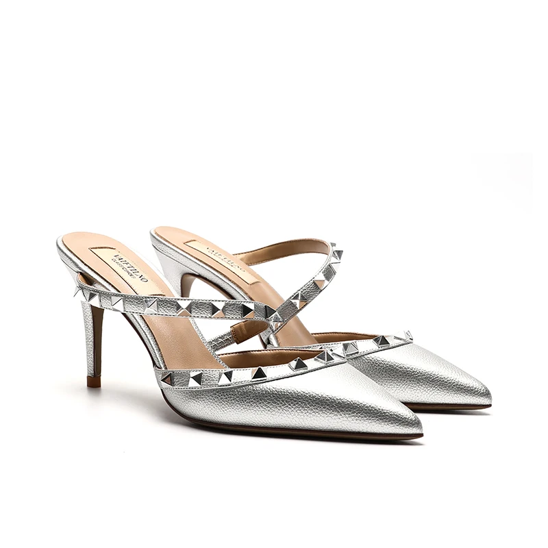 Leather Women's Gladiator Pumps Sandals Luxury Metal Riveted Outdoor Slippers Summer Black Fashion Women's Nude Strap High Heels