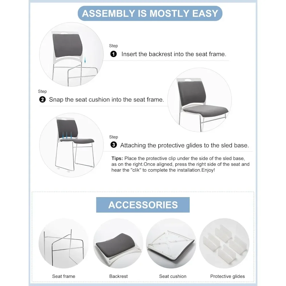 4 Pack Stacking Chairs 1102LB Capacity Home Office Guest Chair Set with Sled Base,Reception Chair for Waiting Room, Gray Color
