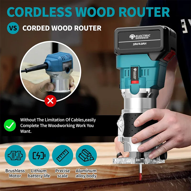 Wood router Electric Goddess Brushless Electric Hand Trimmer Cordless Wood Router Woodworking Engraving Slotting Tool for Makita 18V Battery