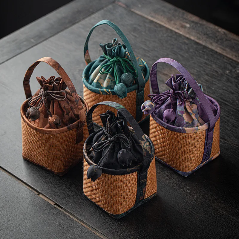 Rattan Pattern Small Bag,Travel, Outdoor Cover Bowl, Portable Organizer, Owner's Cup Teapot Bag, Spliced Drawstring Pocket 2