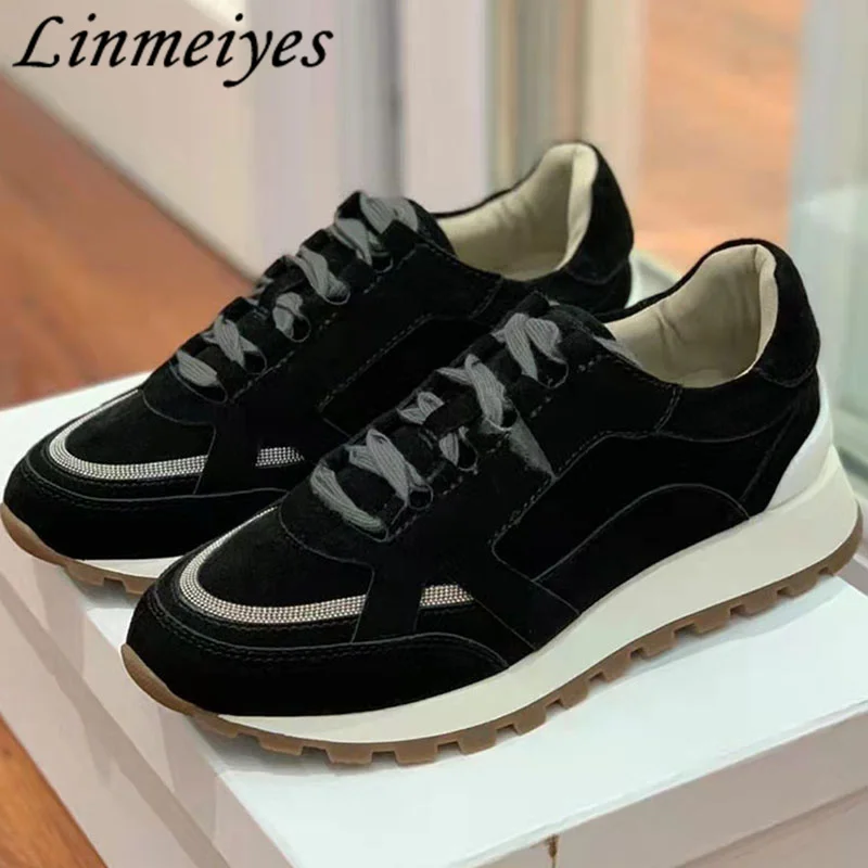 

New Casual Run Shoes Women Lace Up String Bead Round Toe Flat Shoes Female Cow Suede Patchwork Platform Sneakers Women