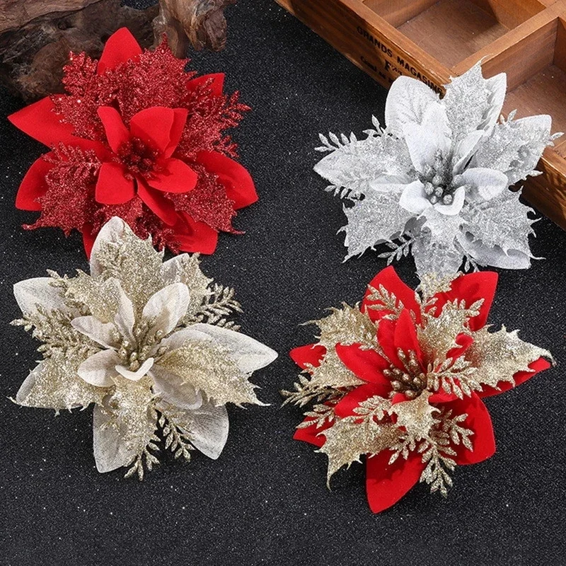 

14cm Glitter Artificial Christmas Flowers Xmas Tree Ornaments Merry Christmas Decorations for Home New Year Gift