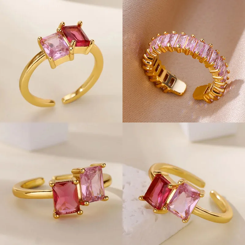 Edelstahl-Zirkon-Quadratring für Damen, 18 Karat vergoldet, 2 Farben, verstellbarer Ring, hypoallergen, zierlich, trendiger Schmuck