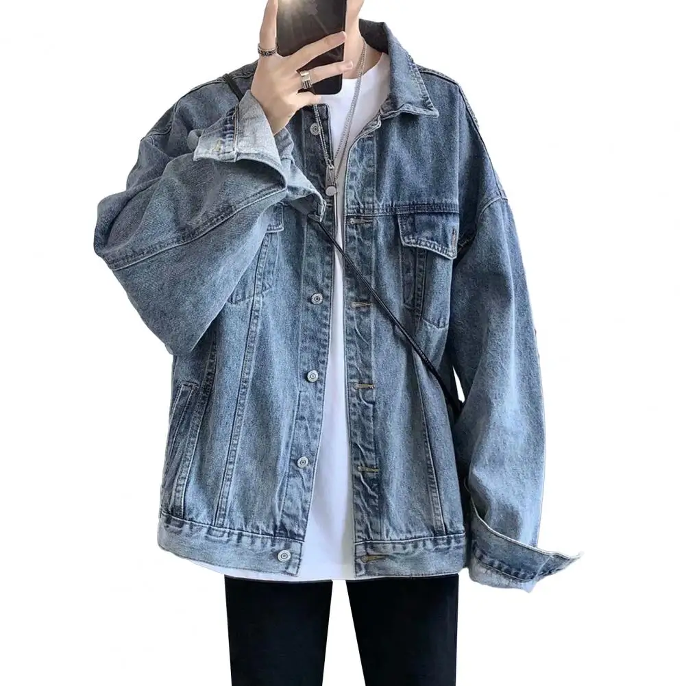

Men Denim Jacket Hop Style Denim Jacket with Multi Pockets Loose for Men Coat Spring Autumn Streetwear
