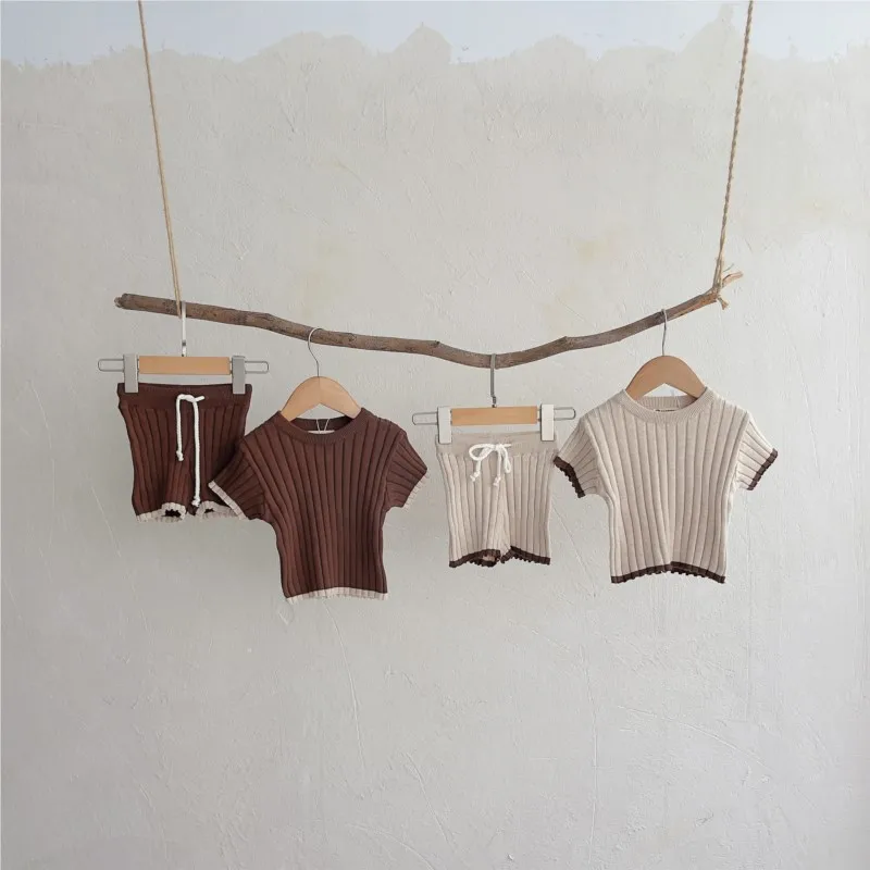Neonato ragazza ragazzo cotone lavorato a maglia vestiti a coste Set Tshirt + pantaloncini 2 pezzi neonato bambino abbigliamento Set estate vestiti per bambini 0-2Y - immagine 3
