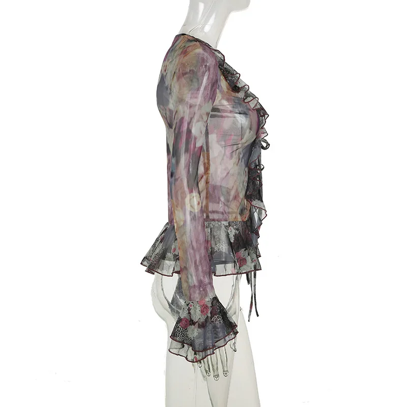 Blusa de manga larga acampanada con volantes y estampado floral para mujer, estilo grunge de los años 2000, ropa urbana Y2K