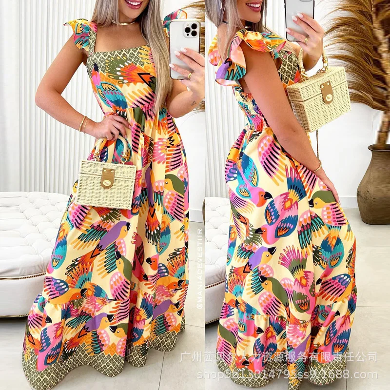 

Women Long Maxi Loose Dress Cartoon Birds Printed Floral Square Neck Short Sleeve High Waist Sexy Summer Dress