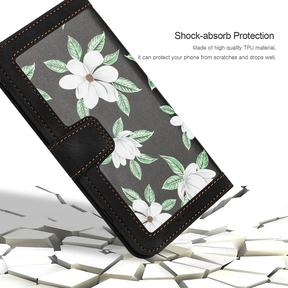 Elegant PU Leather Flip Wallet Case with Beautiful Floral Design and Convenient Wrist Strap