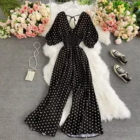 V Neck Sexy Dolman Sleeves Waist Slim Polka Dot Print Jumpsuit Women Wide Leg Trousers Jumpsuit - Image 3