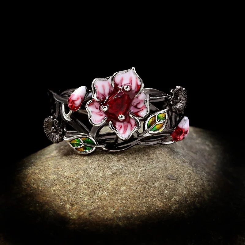Silver Ring silver ring wedding rings silver rings rose flower ring Exquisite Women's Jewelry Red Flower 925 Silver Ring Creative Elegant Women's Jewelry Attend Banquet Wedding Ring