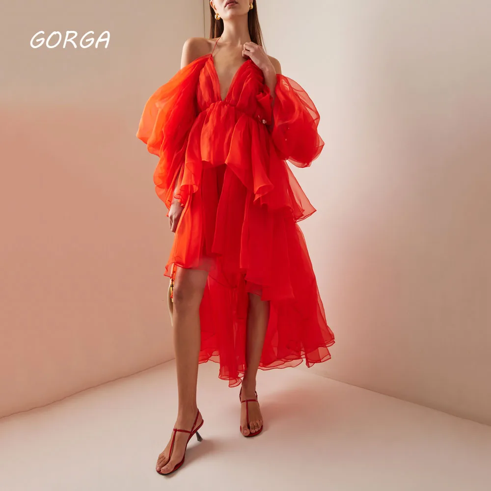 

GORGA Red V-Neck Tiered A-LINE 2024 Slim High Low Chiffon Long Sleeve Ocassion Gown Floor-Length Evening Dressفستان سهرة نسائي