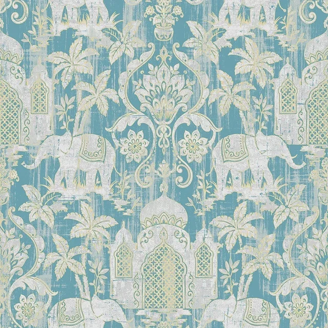 Temple Taj Mahal Elephant Palm Trees Tropical Wallpaper Metallic Shimmer Southeast Asia Thai Style Background Wall Paper