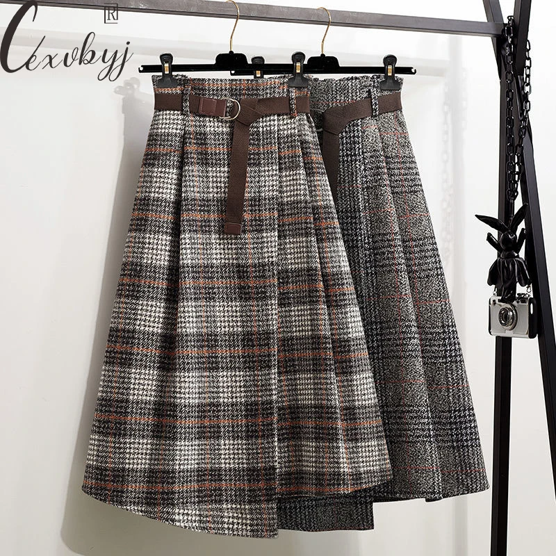 Autumn Winter Irregular Plaid Skirt Women Vintage High Waist Knee-Length A-Line Skirt Plus Size Woolen Elegant Skirt With Belt