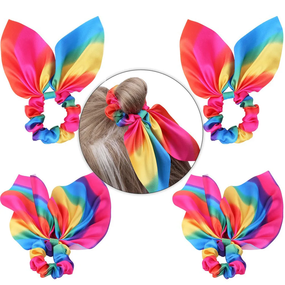 

1pcs New Fashion Rainbow Hair Accessories Rabbit Ear Hair Rope Hair Tie Elastic Band For Women Girl