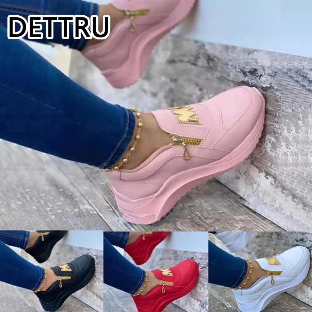 Running Shoes Women Sport Shoes Thick Bottom Solid Color Ladies Vulcanized Sneakers Ladies Fashion PU Shoes Zipper Sneakers