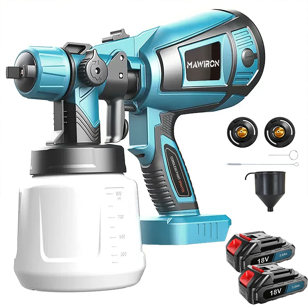 Bezdrôtový striekací pištoľ zobrazený s nádobou a batériovým nastavením