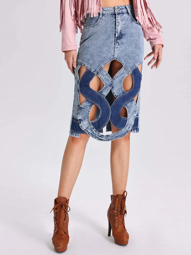 TWOTWINSTYLE Hollow Out Slimming Denim Skirts For Women High Waist Bodycon Patchwork Button Chic A Line Skirt Female Fashion New