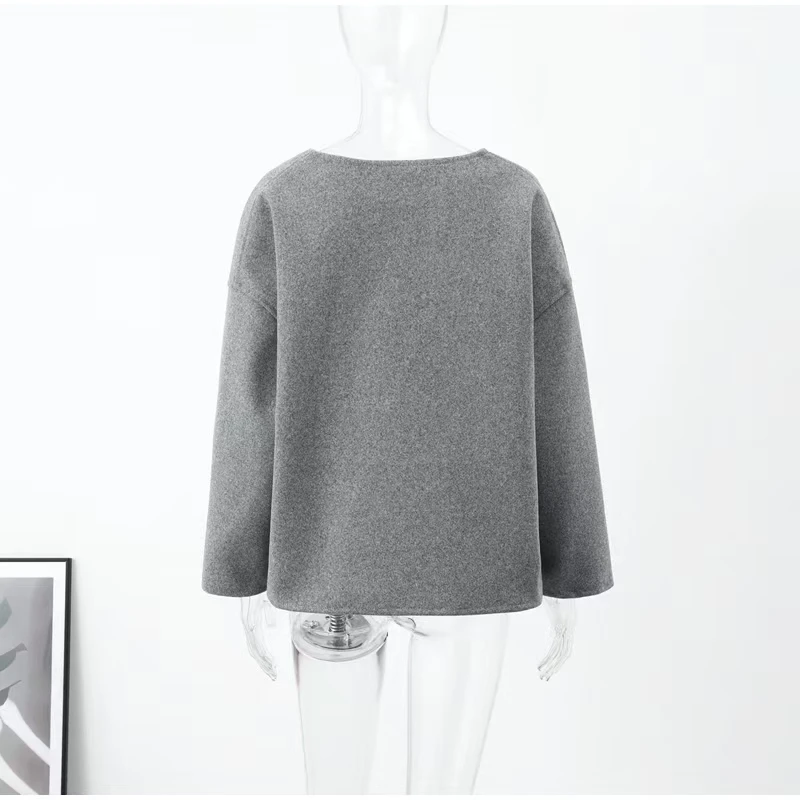 Vintage One Button Woolen Coat Women Gray Loose Long Sleeve V-neck Short Jacket Female Autumn Winter Casual Lady New in Outwears
