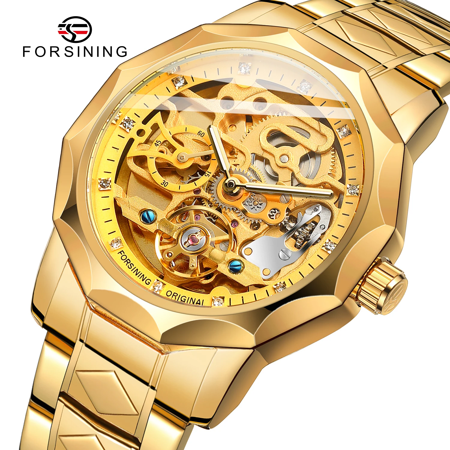 Forsining Classic Mechanical Watches Luxury 3D Diamond Skeleton Automatic Mens Watch Stainless Steel Strap Wristwatch Male Clock