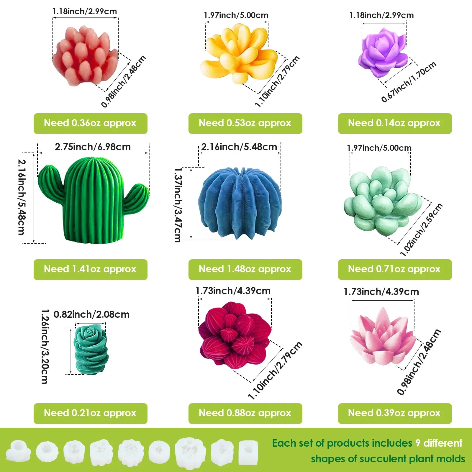 9Pc Succulent Silicone Mold 3D Succulent Cactus Candle Molds Creative Resin Mold Safe Cactus Flower Resin Casting
