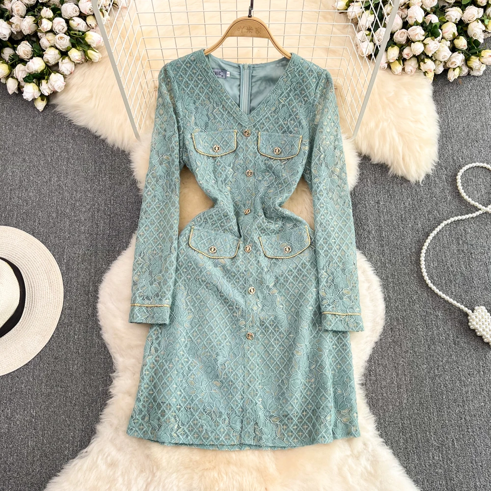 

Spring High Quality Women's Long Sleeve Knee Length Lace Dresses Vestidos Elegant V Neck Slim Floral Pint Patchwork Green Dress