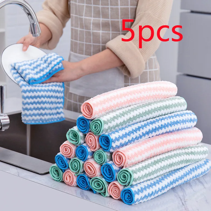 Microfiber Thick Kitchen Towel Dishcloth Household Kitchen Rags Gadget  Non-stick Oil Table Cleaning Wipe Cloth Scouring Pad 5PC